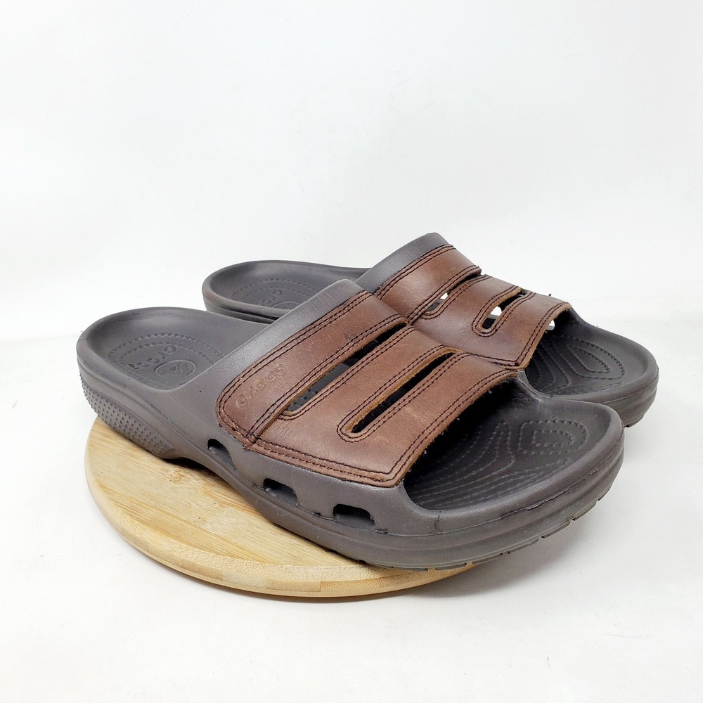 Crocs Yukon Mesa Slide Sandals Mens 9 Brown Leather Slip On Shoes - Picture 3 of 13
